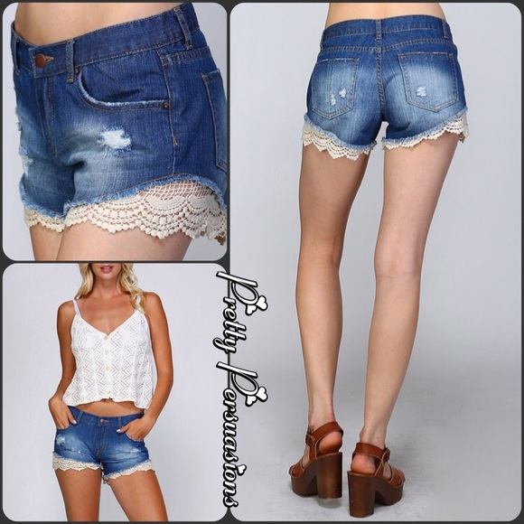 SOLD OUT Lace Crochet Trim Distressed Denim Shorts - Picture 2 of 4