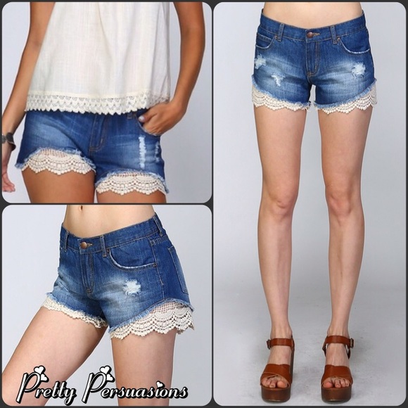SOLD OUT Lace Crochet Trim Distressed Denim Shorts - Picture 3 of 4
