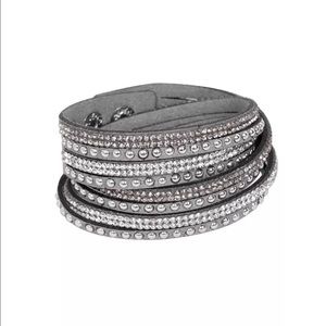 Grey Rhinestone Leather Wrap Punk Bracelet