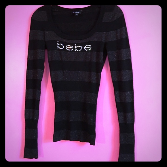 Bebe striped rhinestone logo sweater