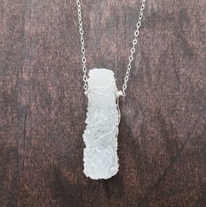 Delicate Long Aqua Druzy Silver Necklace