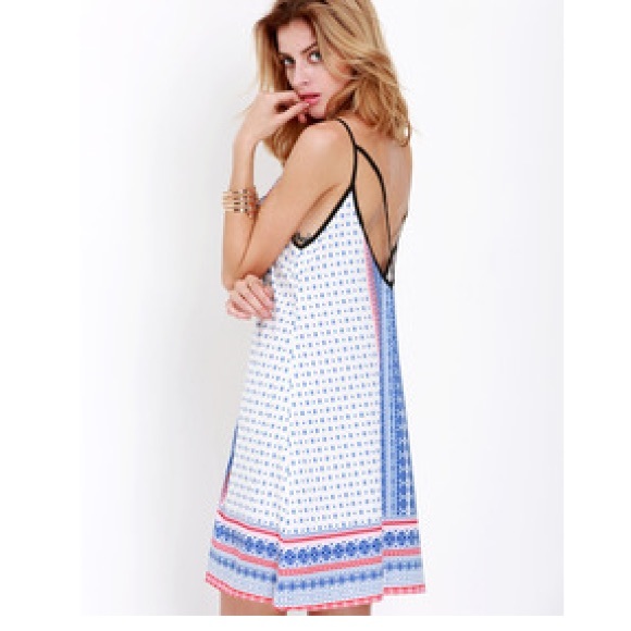 White Spaghetti Strap Backless Vintage Print Dress
