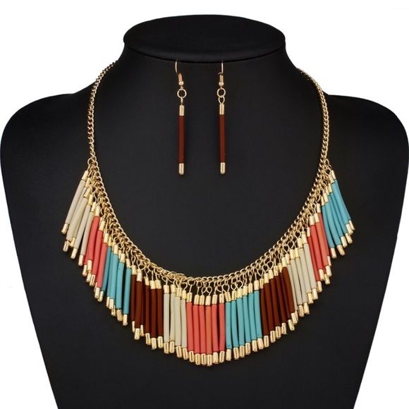 New Tassel Boho Statement Necklace & Earrings Set - Picture 2 of 4