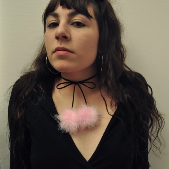 Black bow choker with feather pompom