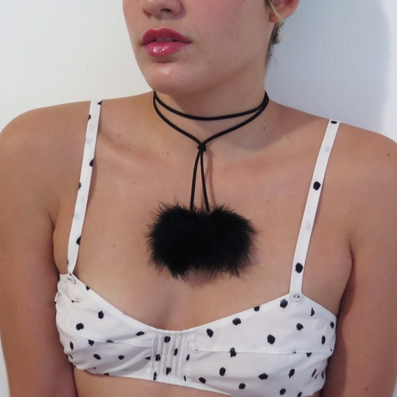 Black suede choker with feather pompom