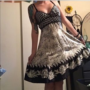 black and white polka dot and floral print dress