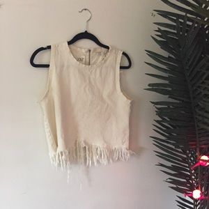fringed off white denim crop top