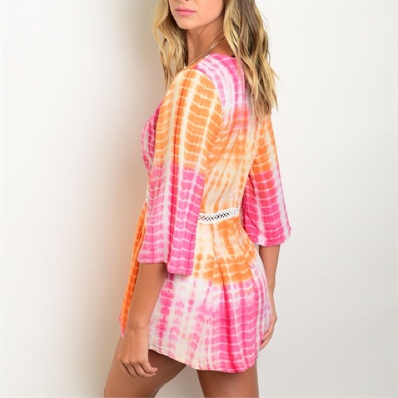 New • Orange pink Tie Die Romper - Picture 2 of 4