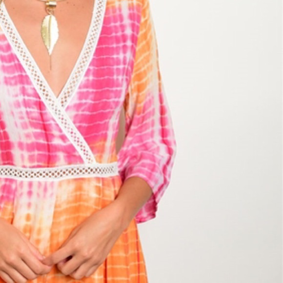 New • Orange pink Tie Die Romper - Picture 4 of 4