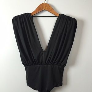 Black Pleated Bodysuit with Thick Shoulder Pads
