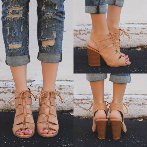 Toffee slit cutout lace up heels - Picture 2 of 4