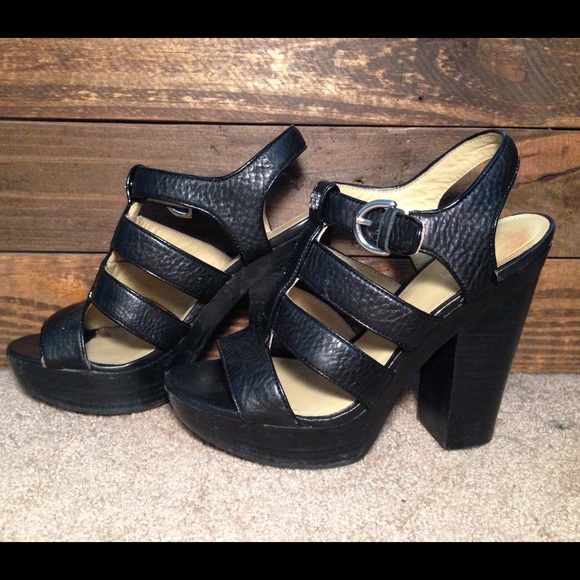 Coach black leather, Wooden heels.