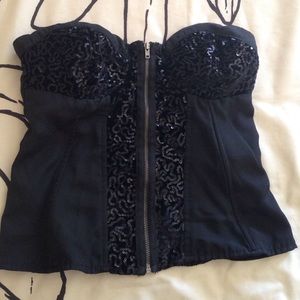 Sequined Black bustier top with zipper
