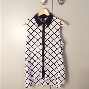 Sleeveless Black & White Button-Up Blouse