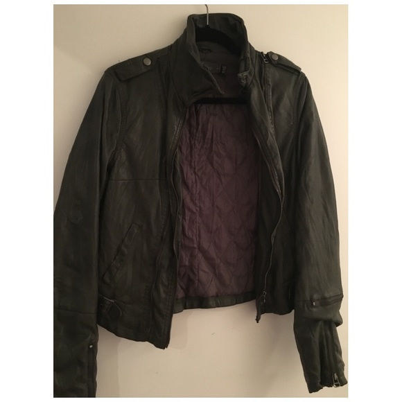 Army green real leather jacket
