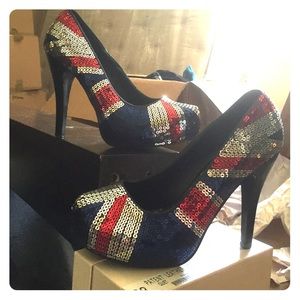 British flag sequin heels