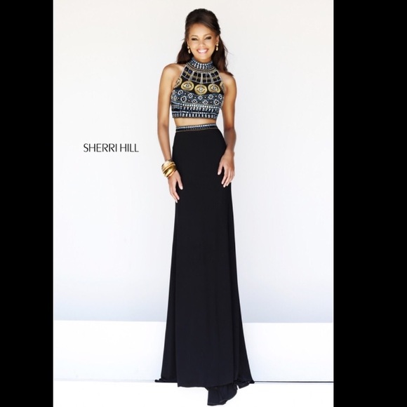sherri hill black dress two piece Flaws Sherri Hill 50805 Two-Piece Gown Prom Formal Dress Size 0 Black Beaded