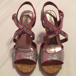 Silver glitter wedges with hot pink trim