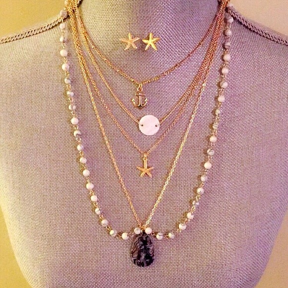 Anchor & Starfish Multilayer Necklace Earrings Set