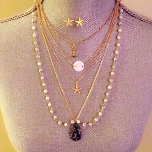 Anchor & Starfish Multilayer Necklace Earrings Set