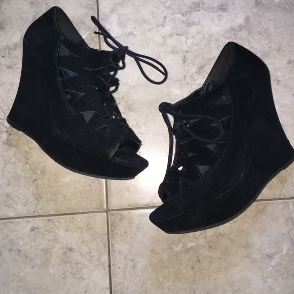 Black lace up wedge heels
