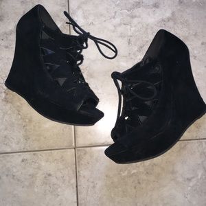 Black lace up wedge heels