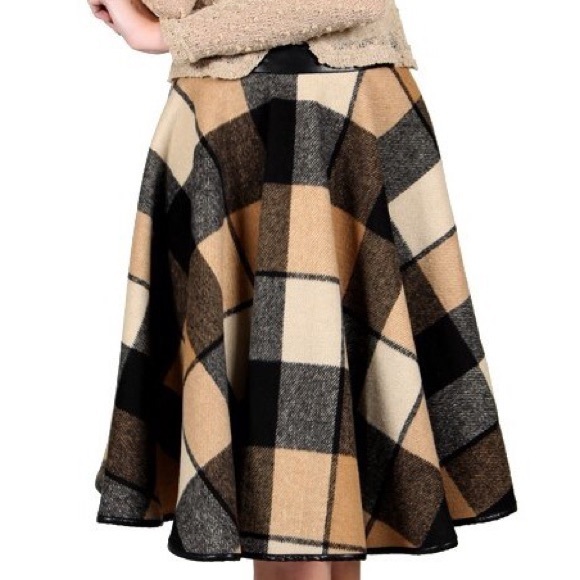Last One RYU Full Circle Midi Skirt Wool Plaid Tan - Picture 3 of 4