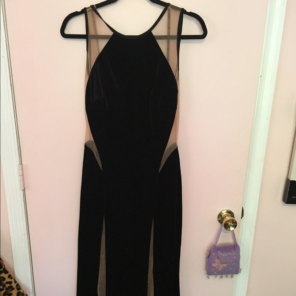Black and sheer low cut prom dress