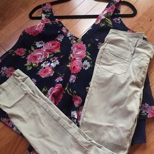 Floral top with skinny khaki pants