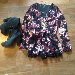 Black and floral long sleeve deep V-neck romper