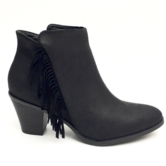 Bucco Western Chic Black Fringe Heeled Bootie- New