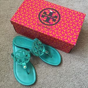 Tory Burch patent leather turquoise sandals