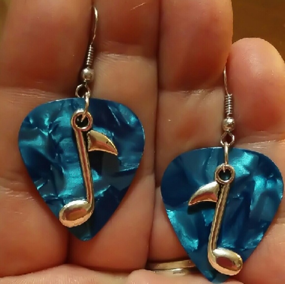 New Blue Guitar Pick Music Note Earrings - Picture 2 of 2