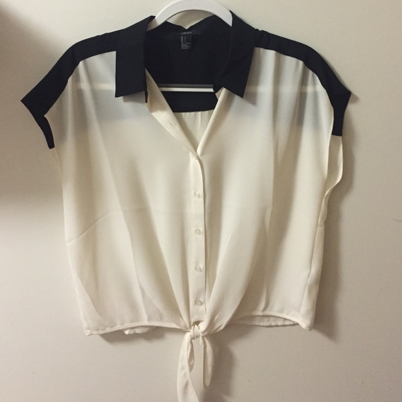 Tie-front black and white chiffon work shirt