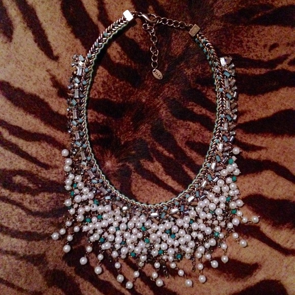 Pearl and turquoise bib necklace