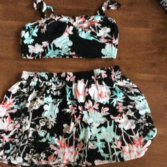Pink And Mint Floral Crop Top And Shorts