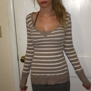 White & Brown Striped Long Sleeve T Shirt