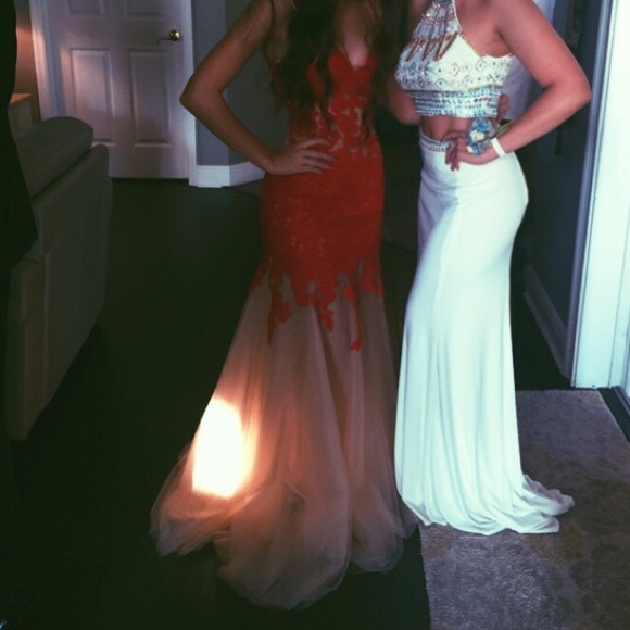 Red Lace Beige Tulle Prom Dress
