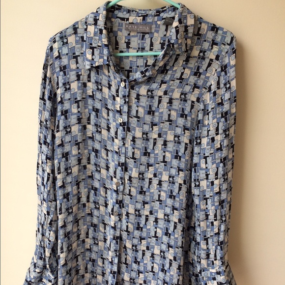 Geometric silk blue collar button up blouse