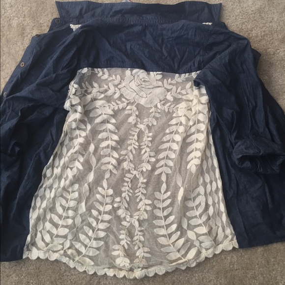 Jean blue and white lace floral collared button up