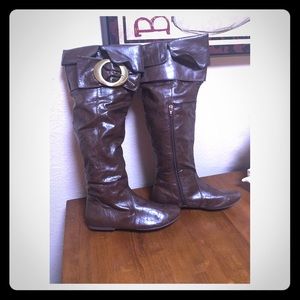 Bamboo Brown Over the Knee Buckle Boots