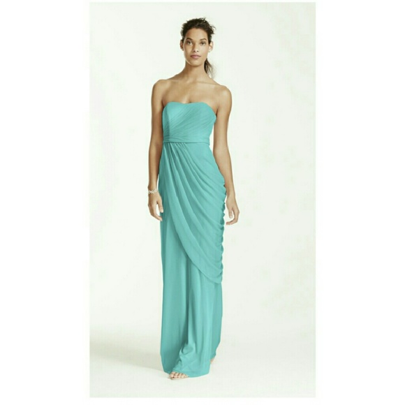 Long Strapless Mesh Dress with Side Draping