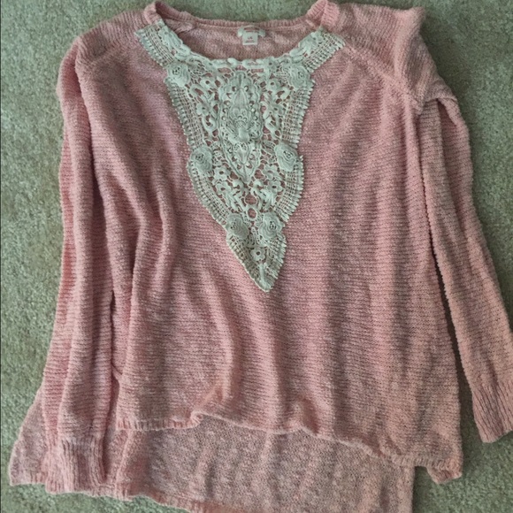 Pink and white lace high low sweater shirt