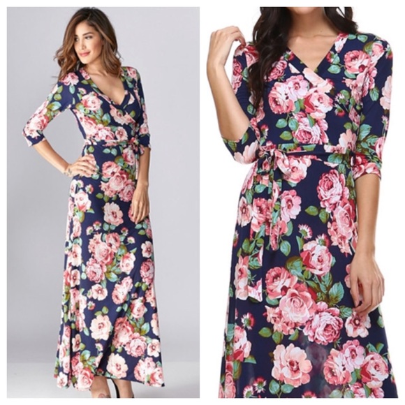 navy floral wrap maxi dress