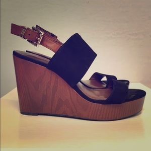 Vince Camuto black suede wooden wedges, size 7