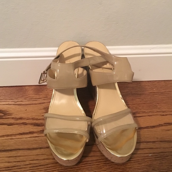 Cream tan Wedge Sandals with Gold Trim