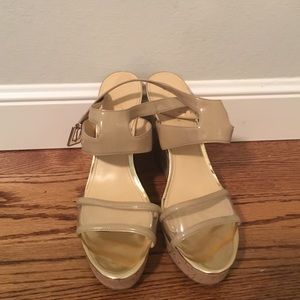 Cream tan Wedge Sandals with Gold Trim