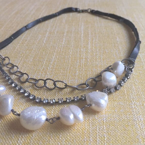 Pearl, Rhinestone, Chain and Leather Necklace