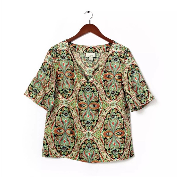 LOFT • paisley colorful split neck blouse