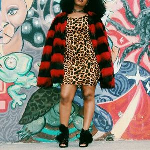 Oversized Black and Red Faux Fur Coat